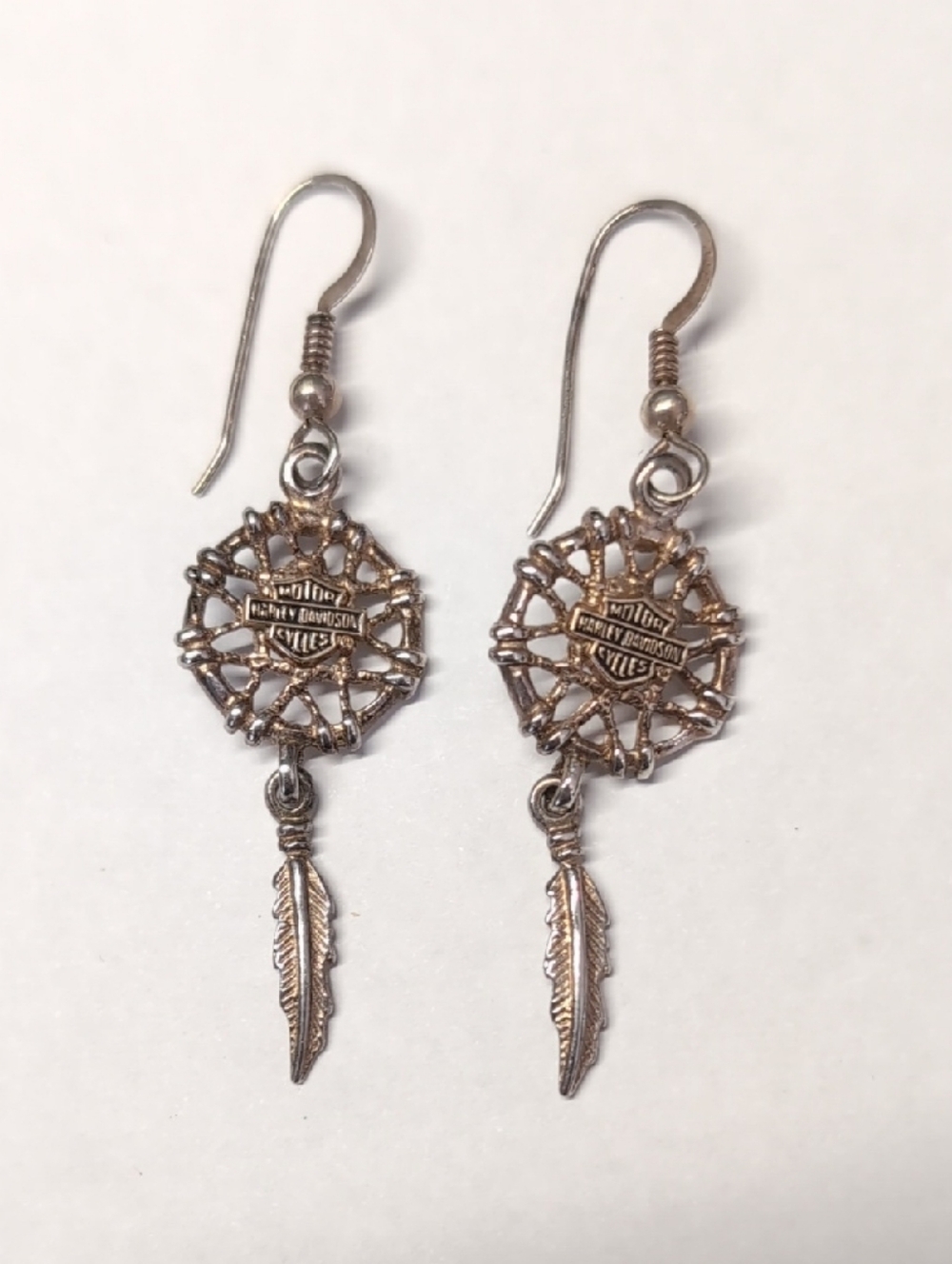 Harley Davidson Sterling Silver Dreamcatcher Feather Drop Earrings